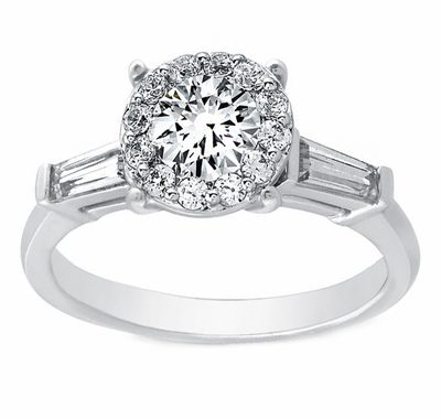 3 Stone with Halo Diamond Engagement Ring GIA Certified 2.40 ctw. Round and B...