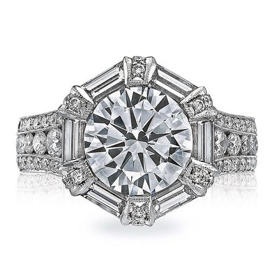 GIA Certified 3.50 Carat Round & Baguette Cut Platinum Diamond Engagement Ring