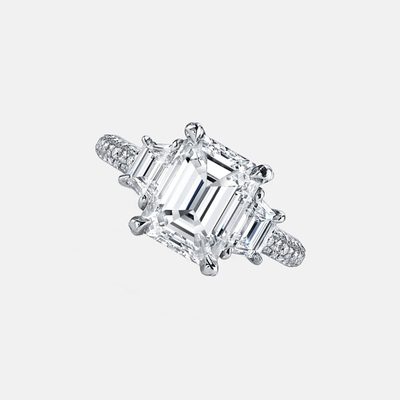 3.50 Ct Platinum Three Stone Diamond Ring Emerald & Trapezoid Cut GIA Certified