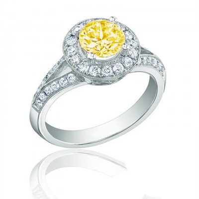 Natural GIA Certified Fancy Yellow Round Diamond Engagement Ring Platinum 2.88CT