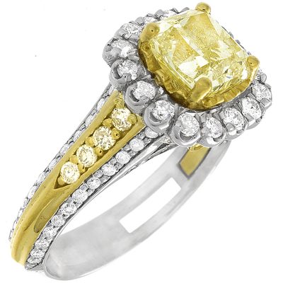 Fancy Yellow Cushion Cut Diamond Engagement Ring GIA Certified  2-tone 4 CTW