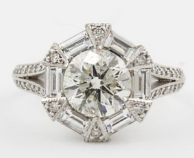4.00 Carat Art Deco Design Round Brilliant and Baguette Cut Diamond Engagemen...