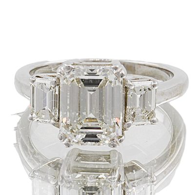 Three-Stone GIA Certified Emerald Cut Diamond Ring -Center 2.00 Carat / Platinum