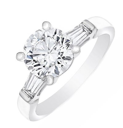 GIA Certified 3.00 Carat Round & Baguette Cut Diamond 18k Engagement Ring