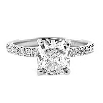 1.70 CT Cushion Cut Natural Diamond Ring & Round Pave' Side Diamonds -PLAT / GIA
