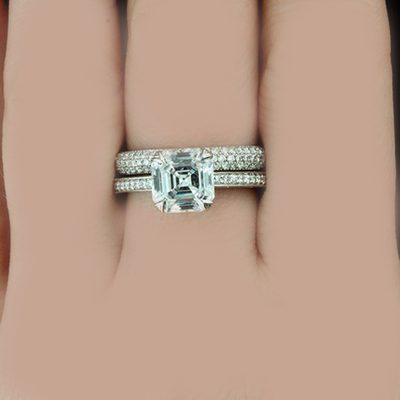 GIA Certified Bridal Ring Set 3.00 Carat Asscher Cut Diamond 18k White Gold