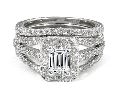 Estate Antique GIA 3.50 Carat Emerald Cut Diamond Platinum Bridal Set Ring