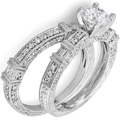 Round and Baguette Cut Bridal Set Ring Diamond GIA Certified 2.25 CT 18k Gold