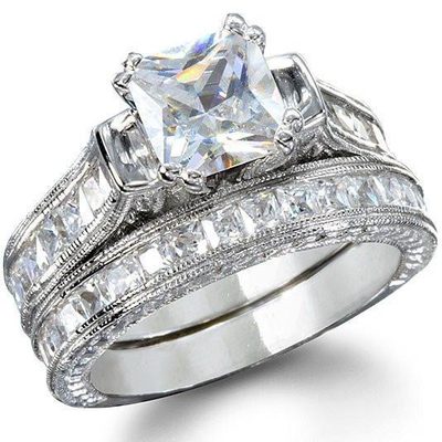 GIA Certified 4.50 Carat 18k White Gold Princess Cut Diamond Bridal Ring Set