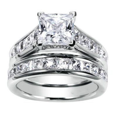2.50 Carat GIA Certified 18k White Gold Princess Cut Diamond Bridal Ring Set