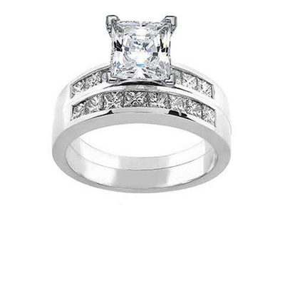 Classic Diamond Bridal Ring Set 2.25 CT Princess Cut 18k Gold GIA Certified