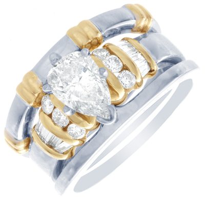 Pear Shape 14k Two Tone Gold Diamond Bridal Ring Set 2.00 CT GIA Certified