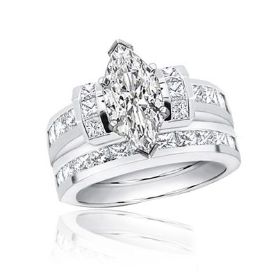 Diamond Bridal Ring Set 18k Gold GIA Certified 3.00 CT Marquise and Princess Cut