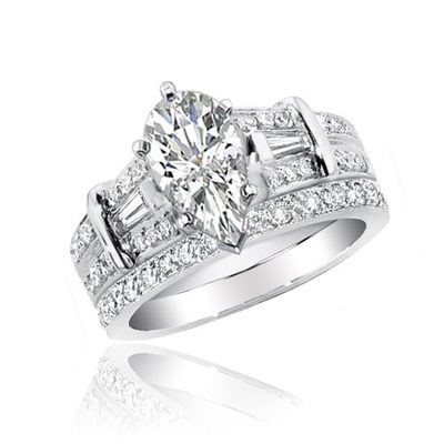 2.75 CTW Pear, Round and Baguette Cut Diamond Bridal Set Ring in 18k White Gold