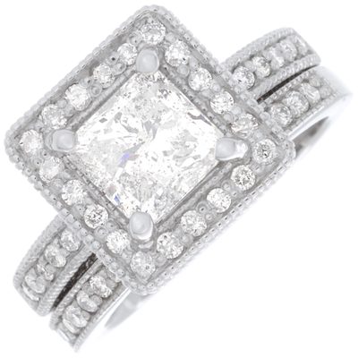 3.00 Carat Halo Round & Princess Cut Diamond 18k Bridal Set Ring GIA Certified