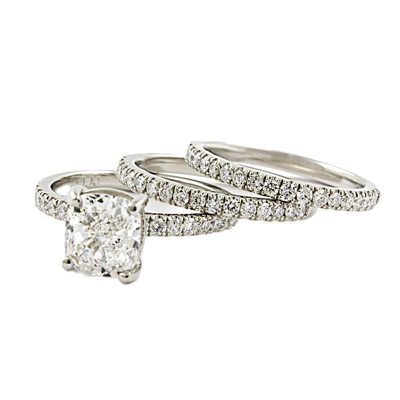 14K White Gold GIA Certified Cushion Cut Three-Piece Bridal Set - 2.30 TCW F/SI1