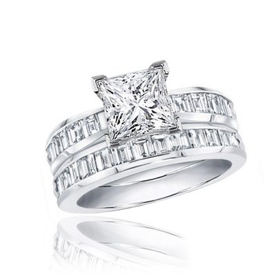GIA Certified 3.00 CT Princess and Baguette Cut Diamond Bridal Set in 18k Gold