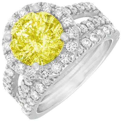 18k Gold 3.50 CT Brilliant Round Cut Fancy Yellow Round Cut Diamond Bridal Se...