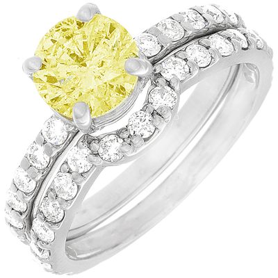 18k Gold 3.25 CT GIA Certified Fancy Yellow Round Cut Diamond Bridal Set Ring