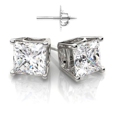 GIA Certified 2.00 CT Total Matching Princess Cut Diamond Stud Earrings - 14K
