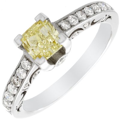 GIA Certified Diamond Engagement Ring Fancy Yellow 18k Gold 2.10 CTW Cushion Cut