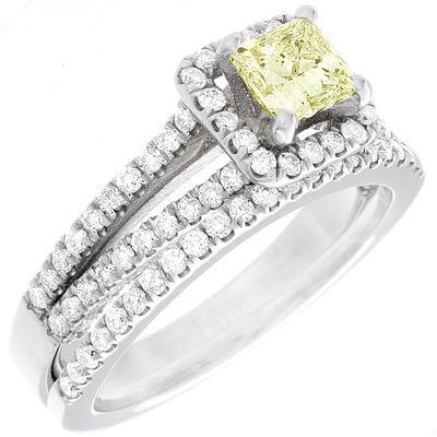Handcrafted GIA 2.25 Carat Fancy Yellow Princess Cut Diamond Bridal set 18k Gold