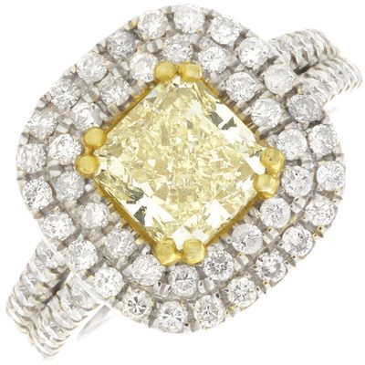 Diamond Engagement 2 Tone 18k Double Halo 2.40 CT GIA Cushion Cut Fancy Yellow