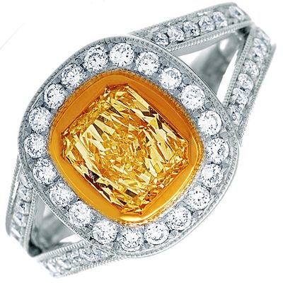 Fancy Yellow 2.50 CT Radiant Cut Diamond Halo Round Shape 18K Gold GIA Certified
