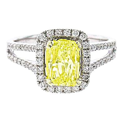 Platinum GIA 2.00 CT Fancy Yellow Cushion Cut Diamond Ring / Halo & Split Shank