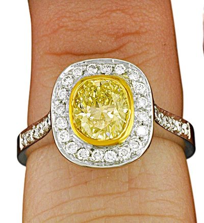 GIA 1.30 CT Fancy Yellow Cushion Diamond Ring with Round Cut Sides & Halo -14K