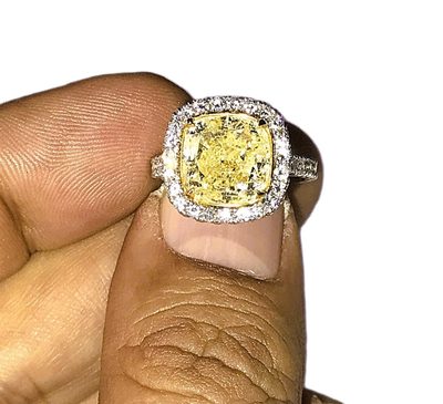 Platinum & 18K Diamond Halo Ring - GIA Certified 4 CT Yellow Center Diamond