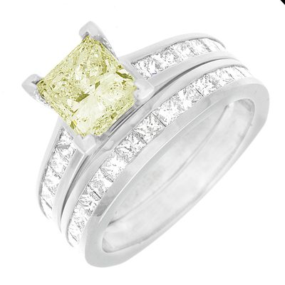 Radiant Cut 3.50 Carat GIA Fancy Yellow Diamond Bridal Set Ring 18k White Gold