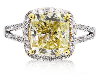 GIA Fancy Yellow 2.30 Carat Cushion Cut Diamond Engagement Ring 18k Hand-carved