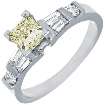 Princess Cut Fancy Yellow Center Diamond Ring / GIA / 1.00 CT - 14K  / Bag + RND