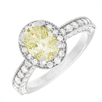 Vintage Look 2.20 CTW Oval cut Diamond GIA certified Fancy Yellow 18K White Gold