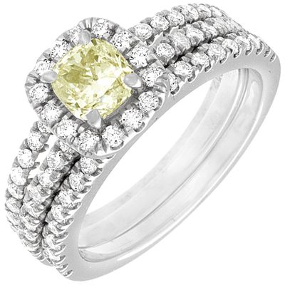 2.50 Carat Cushion Cut Fancy Yellow Round Cut Diamond Bridal Set 18k White Gold