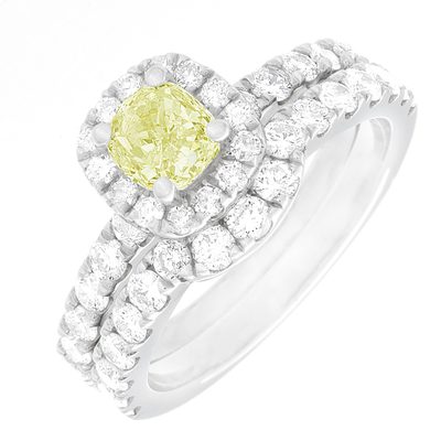 Astonishing GIA Fancy Yellow 2.25 Carat Cushion Cut Diamond Bridal Set Platinum