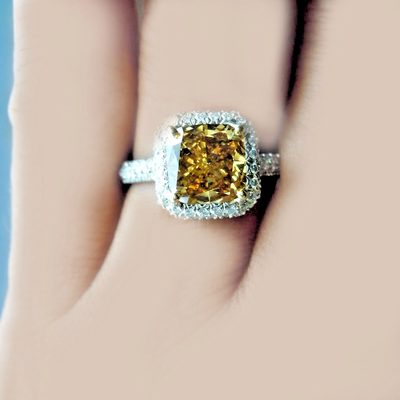 GIA Certified Fancy Brownish Yellow Cushion Cut Diamond Ring with Halo & Sides
