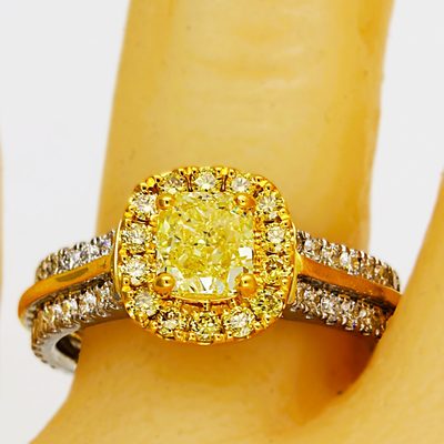 Fancy Yellow 2.25 CT Cushion Cut GIA Diamond Engagement Ring in 18k White Gold