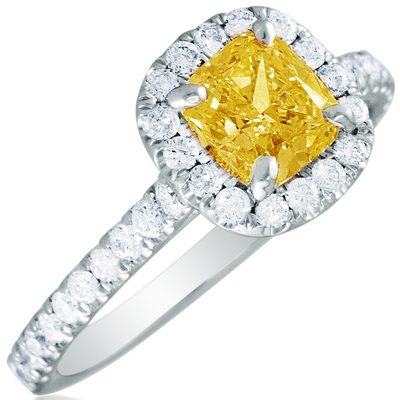 GIA Certified 2.00 CT 18k Gold Fancy Yellow Cushion Cut Diamond Engagement Ring