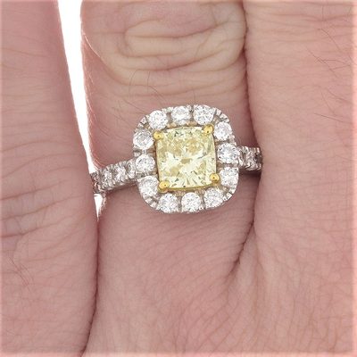 18K Gold Round Cut Halo Ring & Cushion Cut GIA Certified 1.60 CT Center