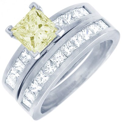 GIA Certified 2.75 CT Fancy Yellow Princess Cut Diamond Bridal Set Ring 18k Gold