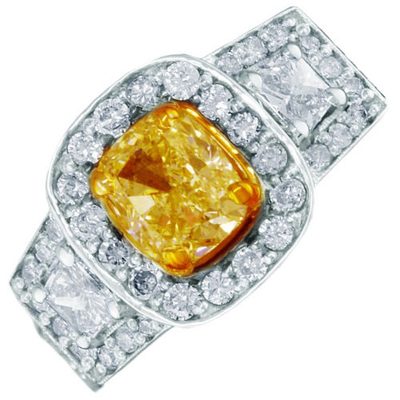 18k Gold GIA Cushion Cut 2.75 Carat Fancy Yellow Diamond Engagement Ring