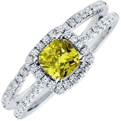 Fancy Vivid Yellow GIA 2.25 Carat Cushion Cut Diamond Bridal Set in Platinum