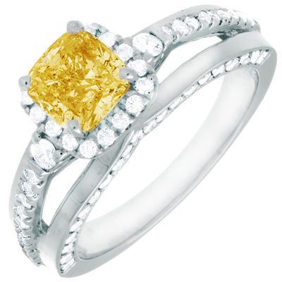 2.55 Carat Cushion Cut Diamond Fancy Yellow GIA Engagement Ring in 18k Gold