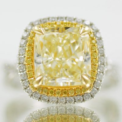 Double Halo GIA 2 Tone Fancy Yellow 3.41 CT Cushion Cut Diamond Engagement 18k
