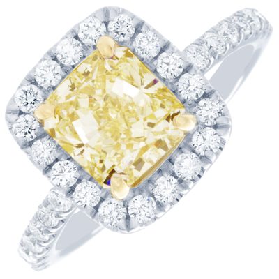 Halo Round Shape Radiant cut Diamond 2.75 CTW Fancy Yellow GIA certified 18K WG