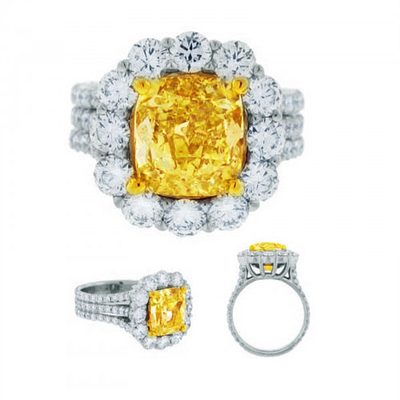Fancy Intense Yellow Cushion Cut GIA 3.00 Carat Diamond Engagement Ring 18k Gold
