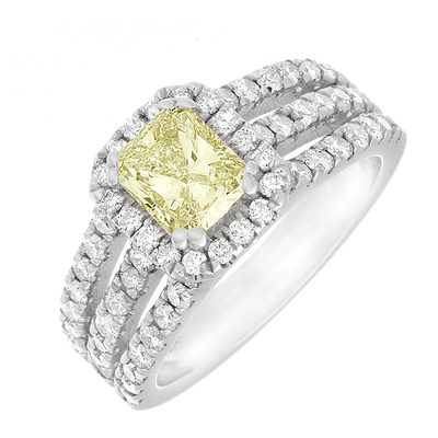 18K WG GIA Charming Round Halo Shape 3.50 CTW Radiant cut Diamond Fancy Yellow