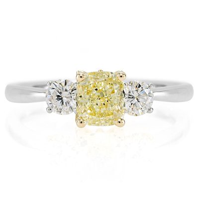 Fancy Yellow 3 Stone Cushion Cut GIA 2.10 Carat Diamond Engagement Ring in Plat
